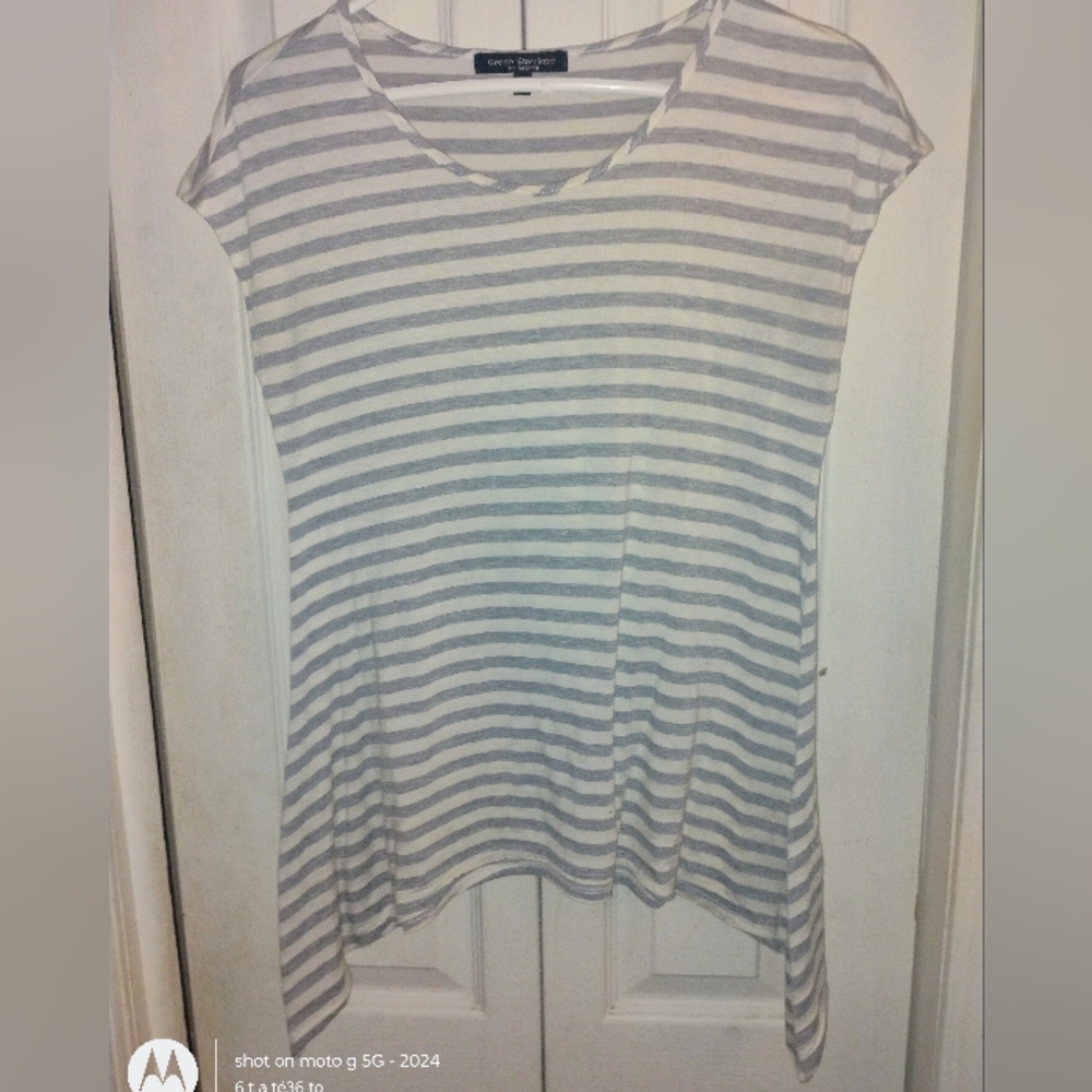 Green Envelope Gray and White Striped Short Sleeve Top